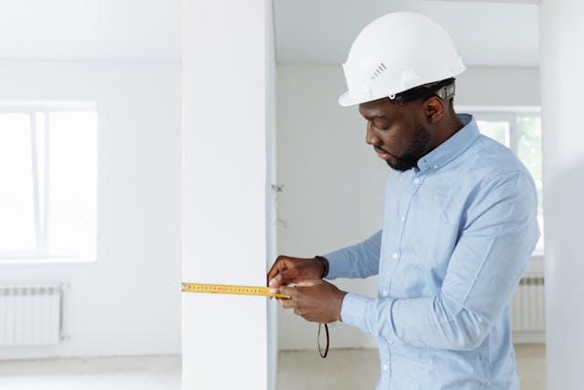 a contractor in a white hardhat measuring a support beam